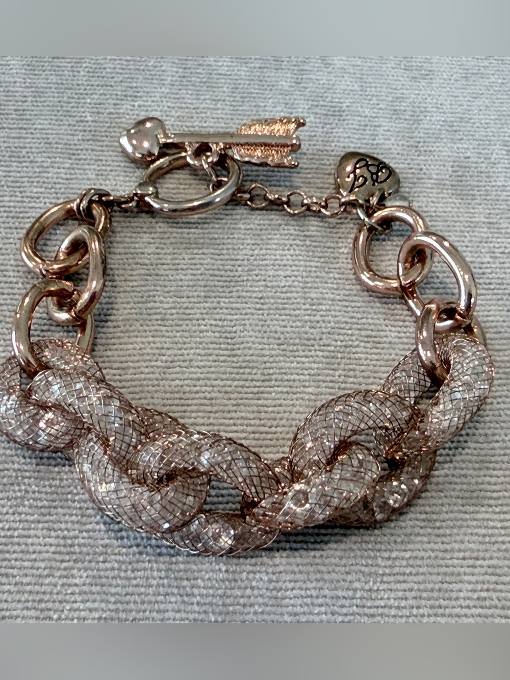 Betsey Johnson Rose Gold Braided Crystal Mesh Toggle Bracelet
